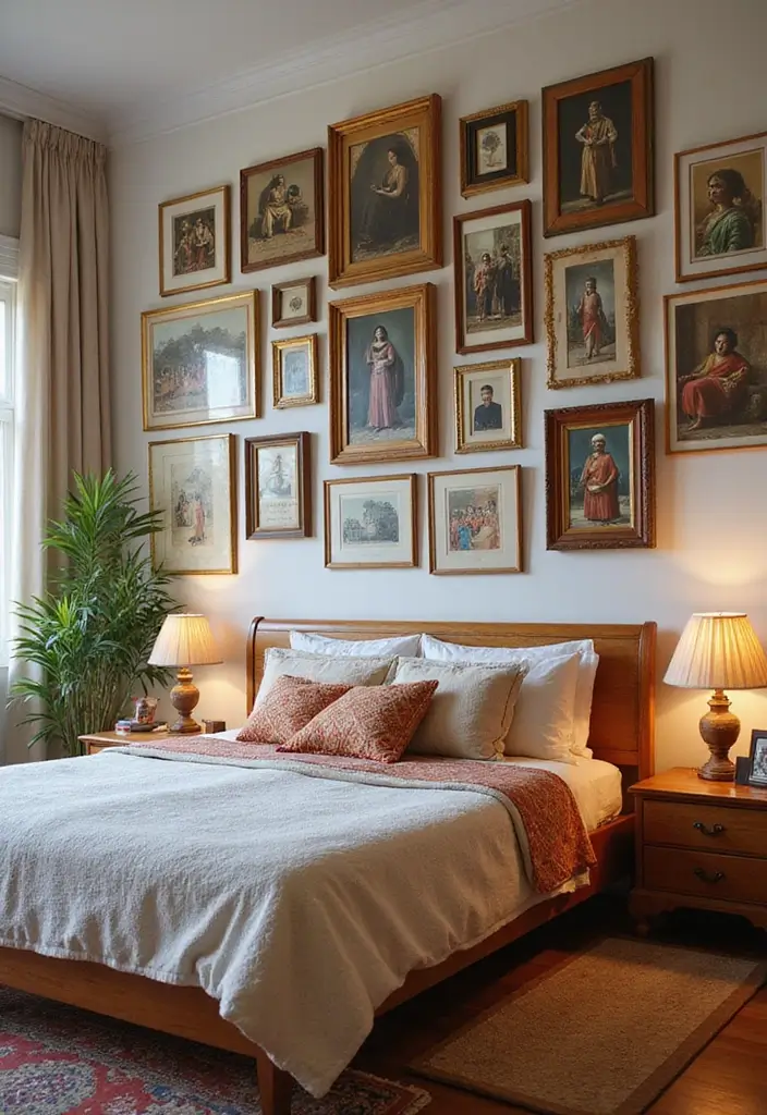 30 Bedroom Ideas Indian Style That Blend Culture & Comfort - 13. Cultural Gallery Wall