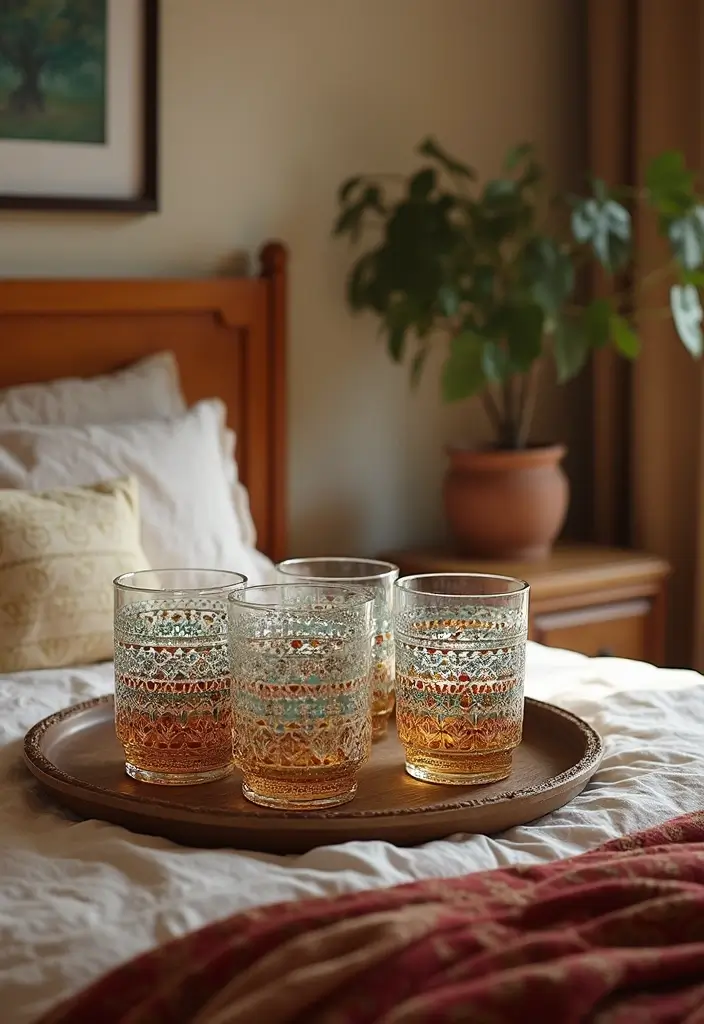 30 Bedroom Ideas Indian Style That Blend Culture & Comfort - 23. Ethnic Prints on Glassware