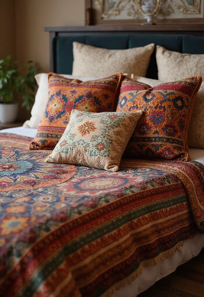 30 Bedroom Ideas Indian Style That Blend Culture & Comfort - 5. Ethnic-Inspired Bed Linen
