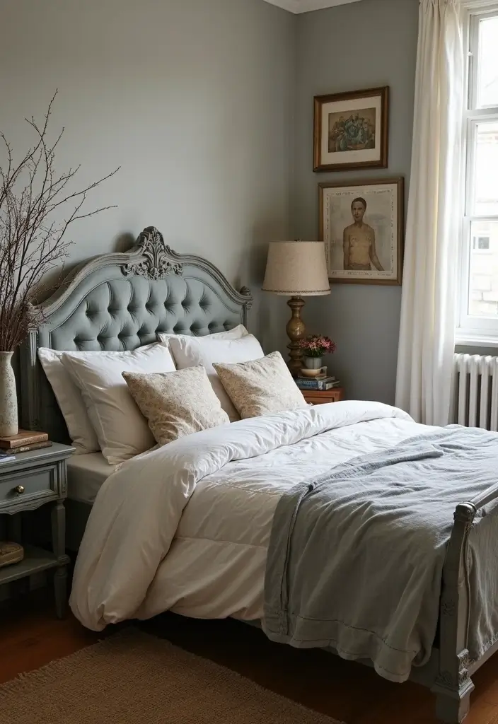 30 Bedroom Ideas with Grey Bed That Look Chic and Balanced - 10. Vintage Grey Bed Styling