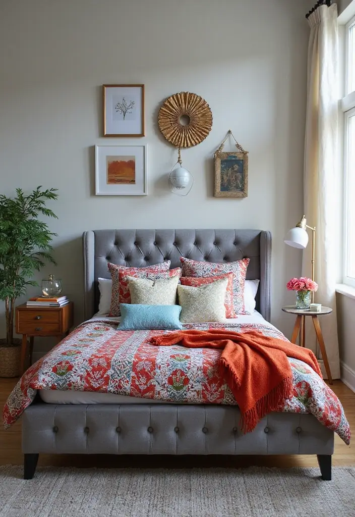 30 Bedroom Ideas with Grey Bed That Look Chic and Balanced - 12. Grey Bed with Mixed Patterns