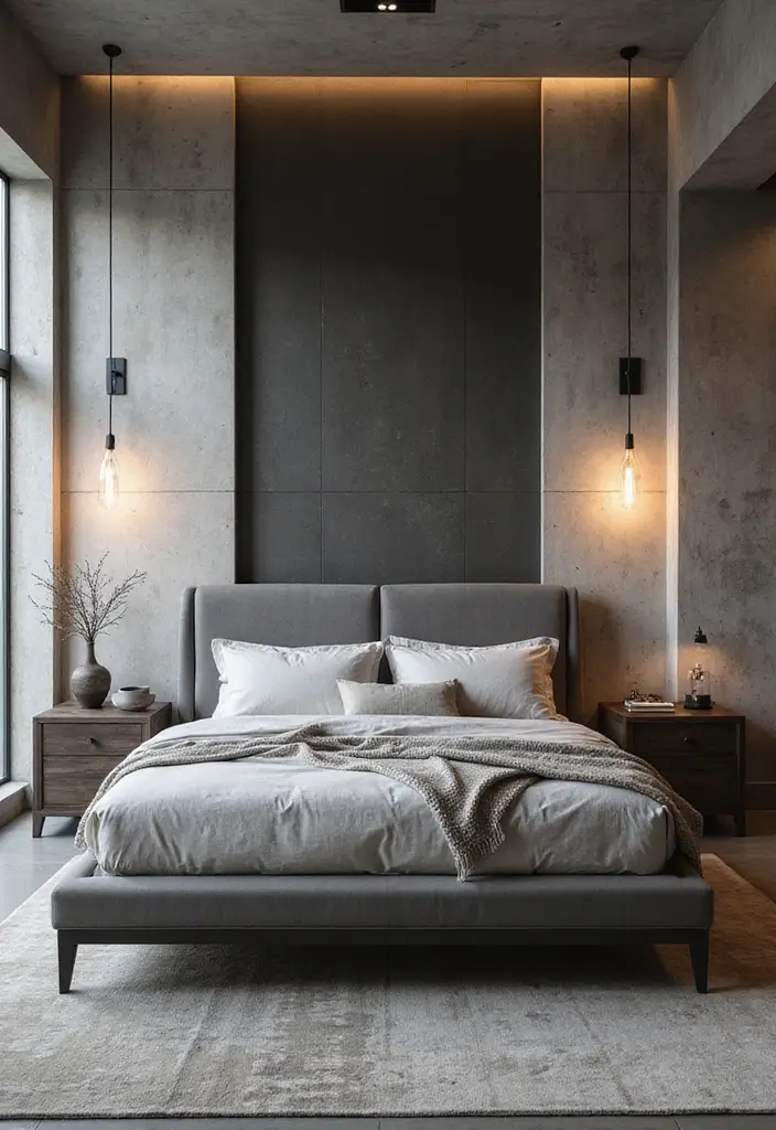 30 Bedroom Ideas with Grey Bed That Look Chic and Balanced - 13. Industrial-Style Grey Bed