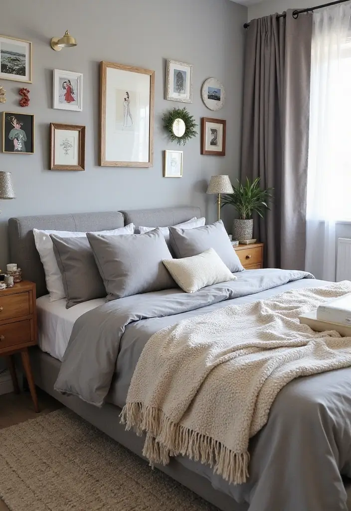 30 Bedroom Ideas with Grey Bed That Look Chic and Balanced - 15. Grey Bed with Personalized Touches