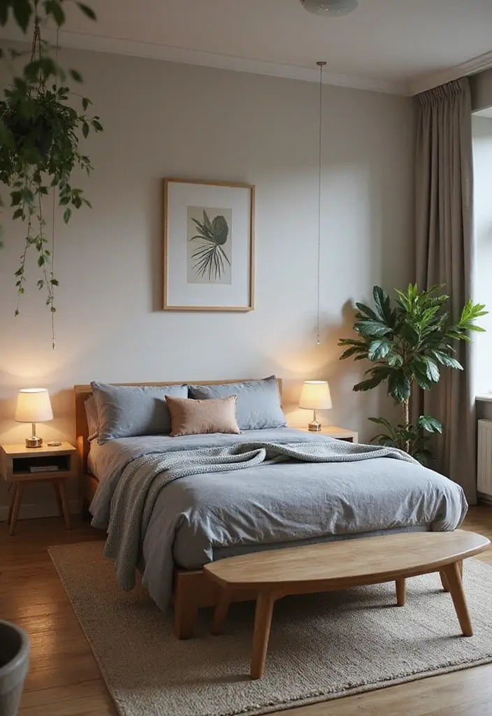 30 Bedroom Ideas with Grey Bed That Look Chic and Balanced - 17. Grey Bed with Warm Wooden Accents