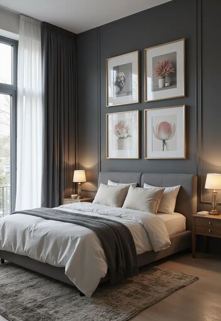 30 Bedroom Ideas with Grey Bed That Look Chic and Balanced - 18. Grey Bed with Modern Art