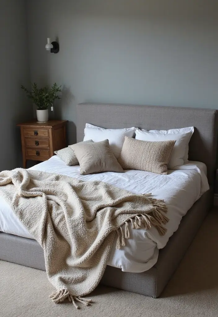 30 Bedroom Ideas with Grey Bed That Look Chic and Balanced - 20. Grey Bed with Cozy Textiles