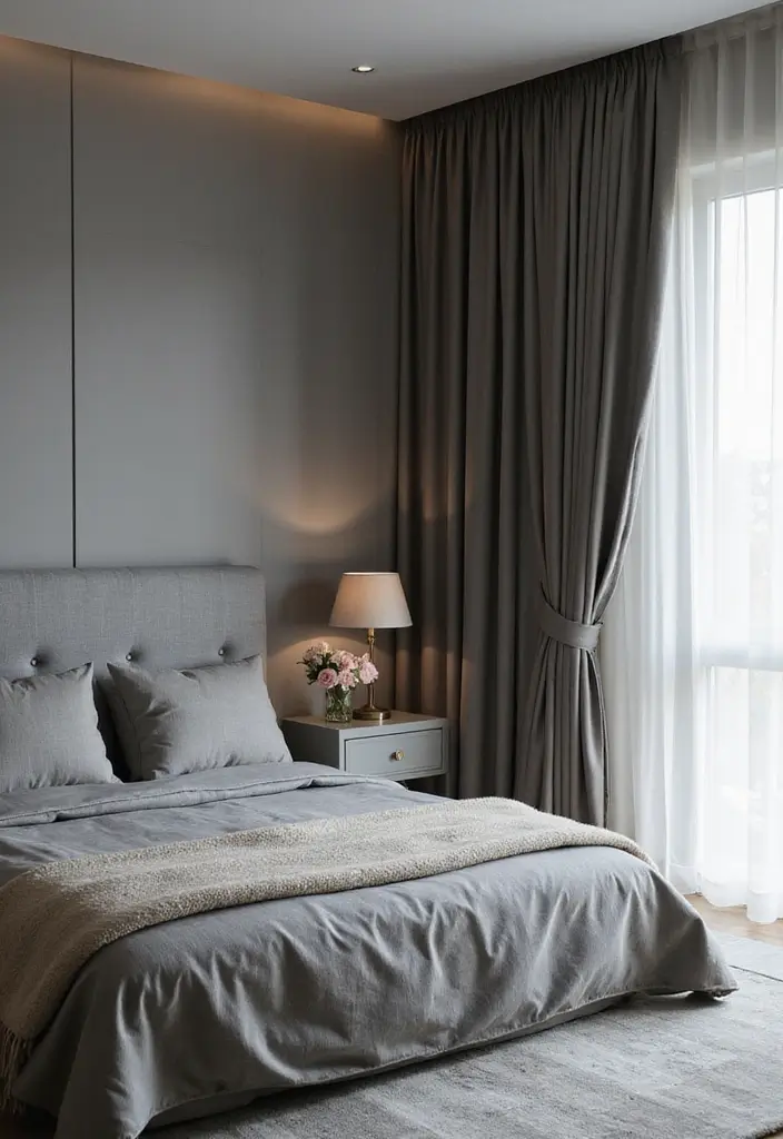 30 Bedroom Ideas with Grey Bed That Look Chic and Balanced - 21. Grey Bed and Floor-to-Ceiling Curtains
