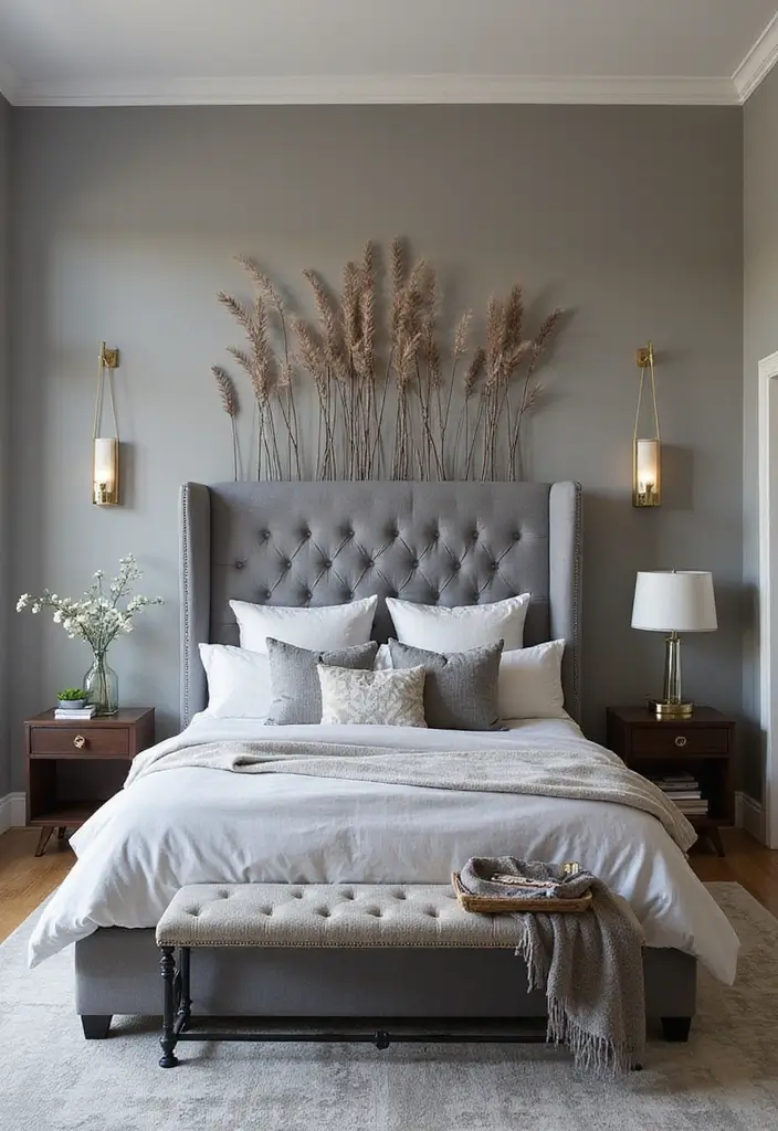 30 Bedroom Ideas with Grey Bed That Look Chic and Balanced - 22. Artistic Headboards for Grey Beds