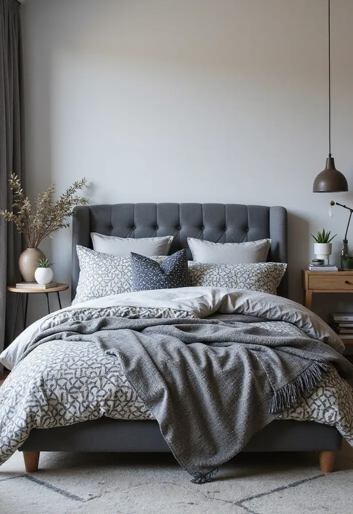 30 Bedroom Ideas with Grey Bed That Look Chic and Balanced - 24. Grey Bed and Geometric Patterns