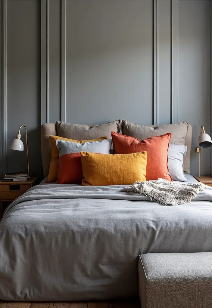 30 Bedroom Ideas with Grey Bed That Look Chic and Balanced - 26. Grey Bed with Statement Pillows