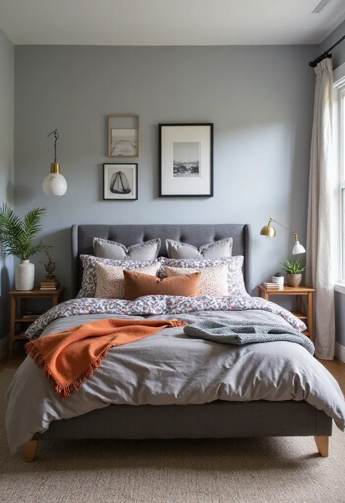 30 Bedroom Ideas with Grey Bed That Look Chic and Balanced - 28. Grey Bed with Contrast Bedding