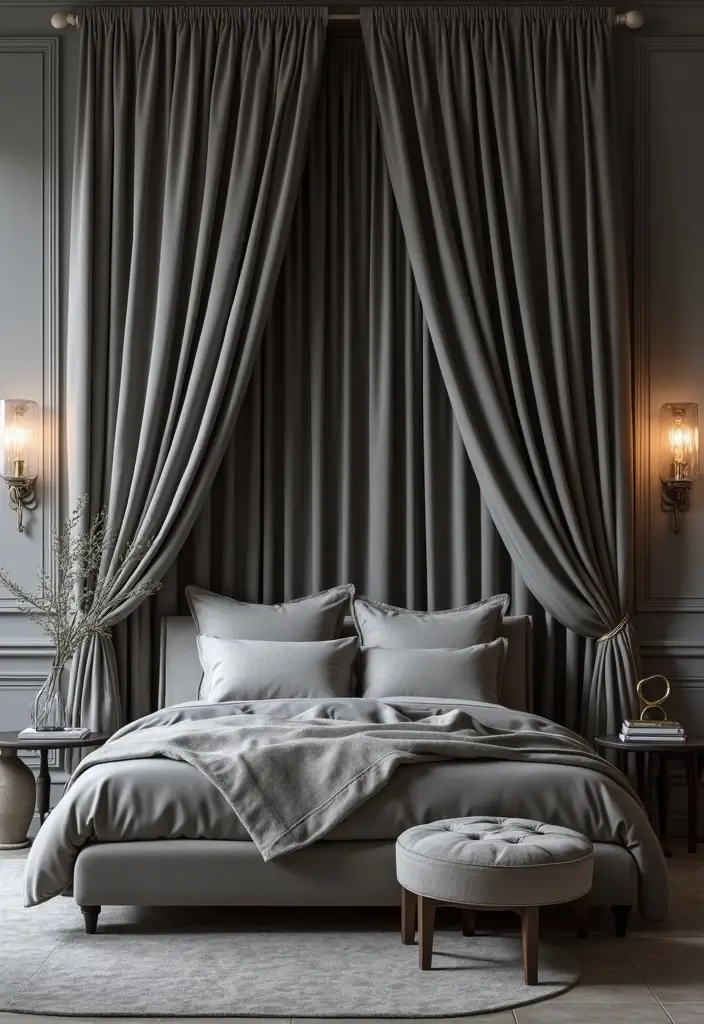 30 Bedroom Ideas with Grey Bed That Look Chic and Balanced - 29. Grey Bed with a Luxurious Drape