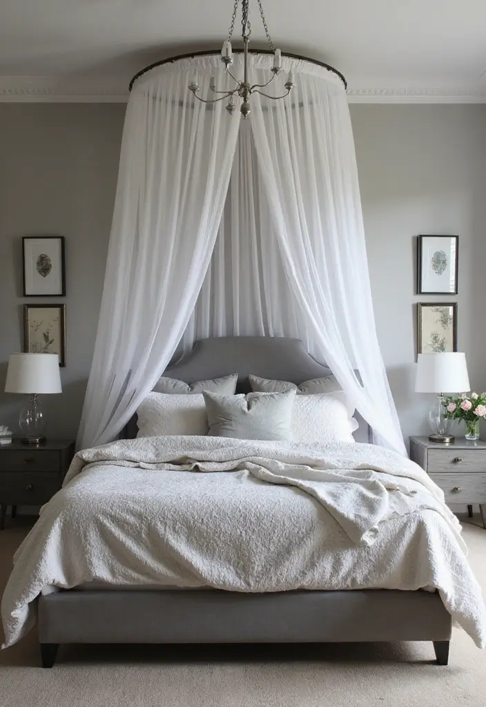 30 Bedroom Ideas with Grey Bed That Look Chic and Balanced - 3. Grey Bed with Dramatic Canopy