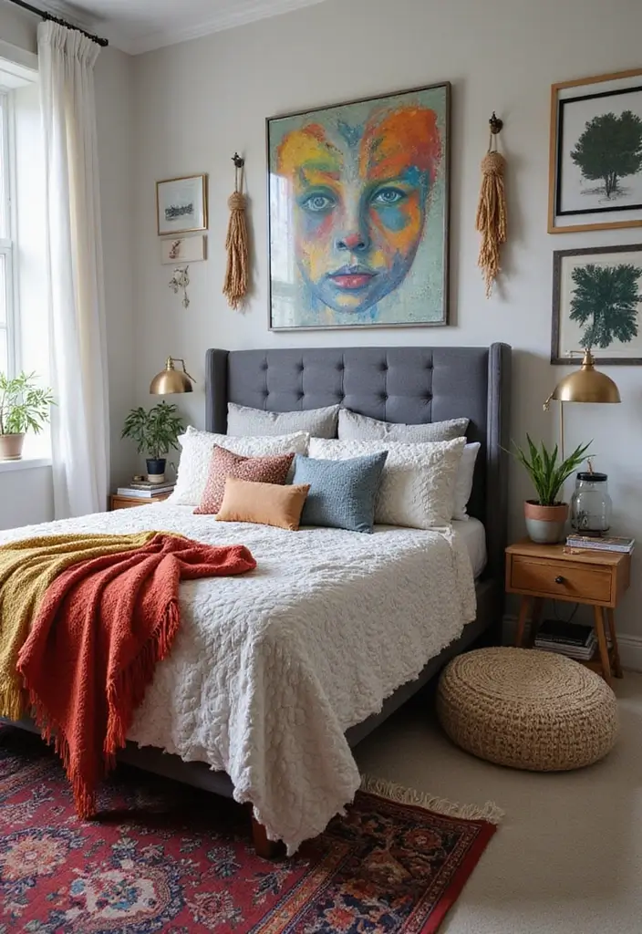 30 Bedroom Ideas with Grey Bed That Look Chic and Balanced - 30. Grey Bed with Eclectic Accessories
