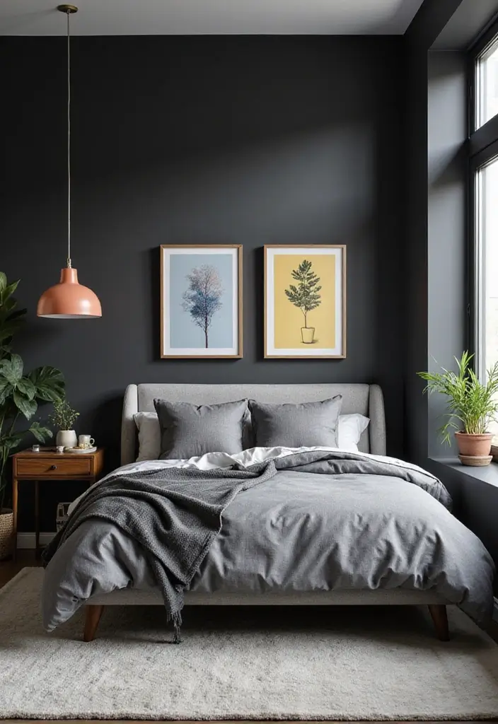 30 Bedroom Ideas with Grey Bed That Look Chic and Balanced - 4. Chic Grey Bed Against Bold Accent Wall