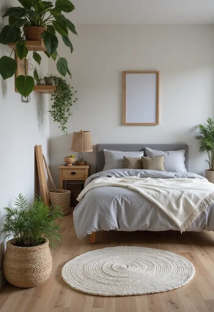 30 Bedroom Ideas with Grey Bed That Look Chic and Balanced - 8. Grey Bed Surrounded by Natural Elements