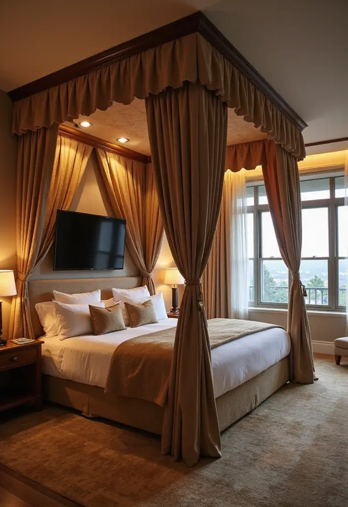 30 Bedroom Ideas with TV That Balance Relaxation & Design - 14. Luxurious Canopy Setup