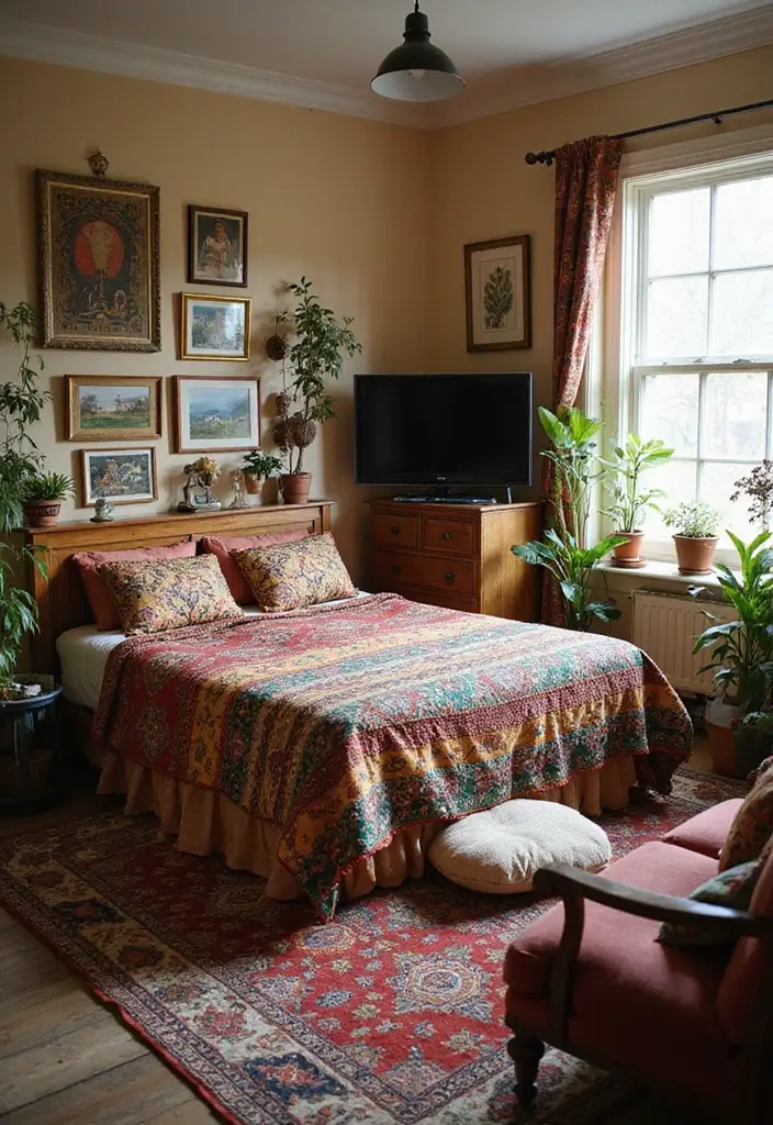 30 Bedroom Ideas with TV That Balance Relaxation & Design - 15. Chic Bohemian Touches