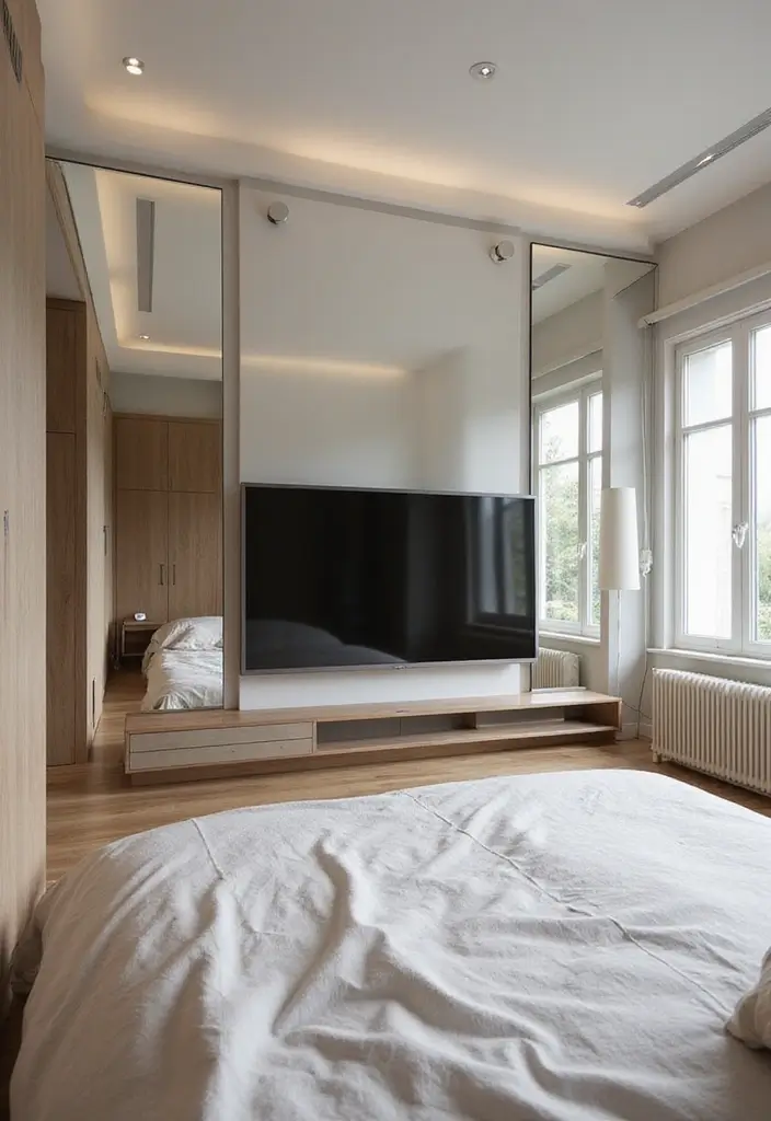 30 Bedroom Ideas with TV That Balance Relaxation & Design - 16. Using Mirrors for Depth