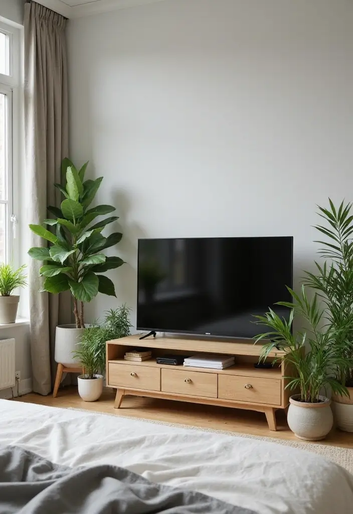 30 Bedroom Ideas with TV That Balance Relaxation & Design - 17. Potted Plant Displays