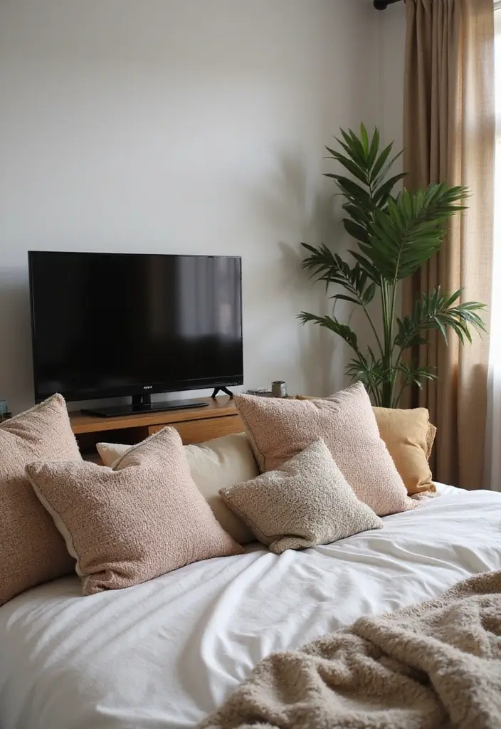 30 Bedroom Ideas with TV That Balance Relaxation & Design - 18. Textured Throw Pillows