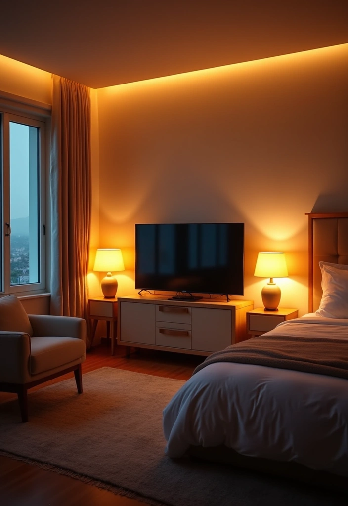 30 Bedroom Ideas with TV That Balance Relaxation & Design - 19. Layered Lighting