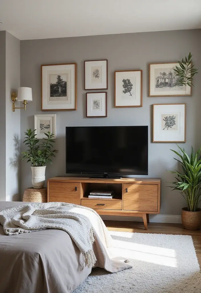 30 Bedroom Ideas with TV That Balance Relaxation & Design - 22. Wall Art and TV
