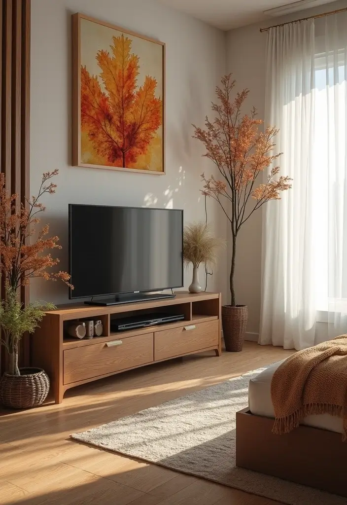 30 Bedroom Ideas with TV That Balance Relaxation & Design - 23. Seasonal Decor Switches