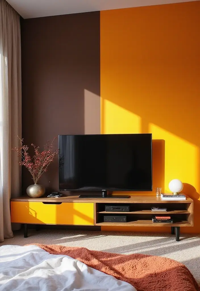 30 Bedroom Ideas with TV That Balance Relaxation & Design - 27. Elegant Color Blocking