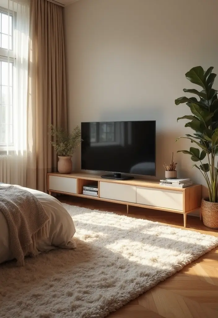 30 Bedroom Ideas with TV That Balance Relaxation & Design - 28. Cosy Textured Rugs
