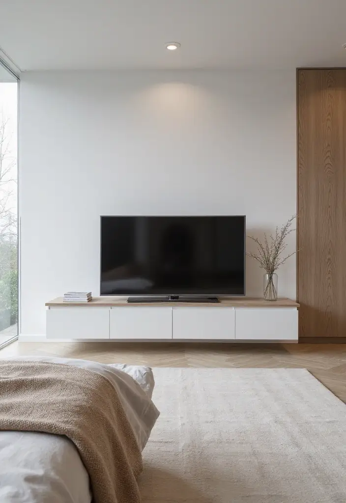 30 Bedroom Ideas with TV That Balance Relaxation & Design - 6. Minimalist Cabinet Solutions
