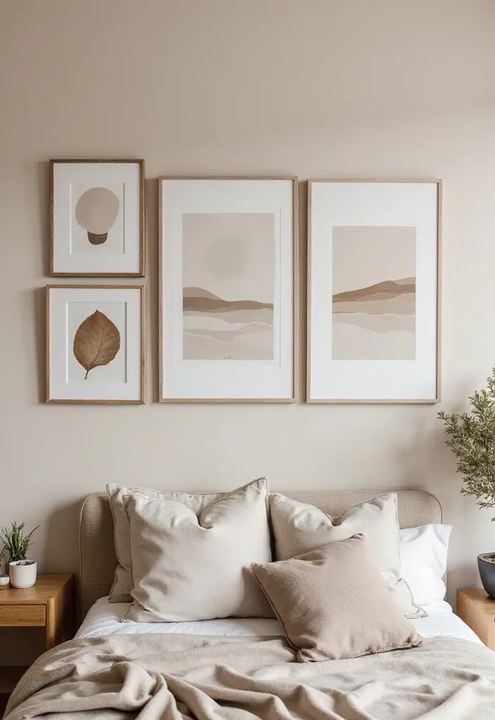 30 Beige Aesthetic Bedroom Ideas That Feel Calm & Minimalist - 6. Neutral Artwork