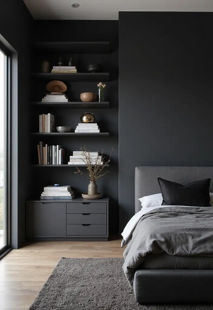30 Black Aesthetic Bedroom Ideas That Are Sleek and Stylish - 10. Open Shelving