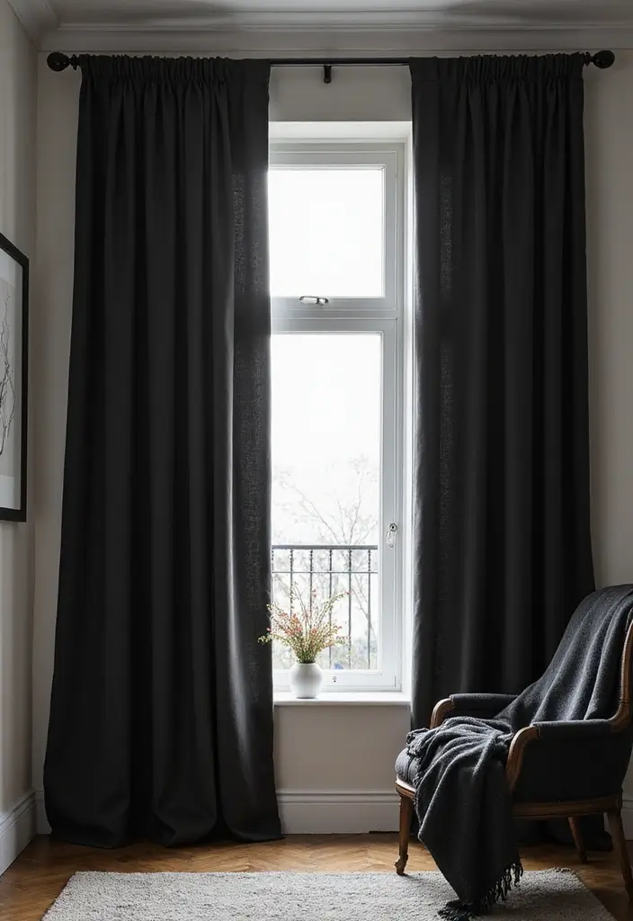 30 Black Aesthetic Bedroom Ideas That Are Sleek and Stylish - 13. Chic Drapery