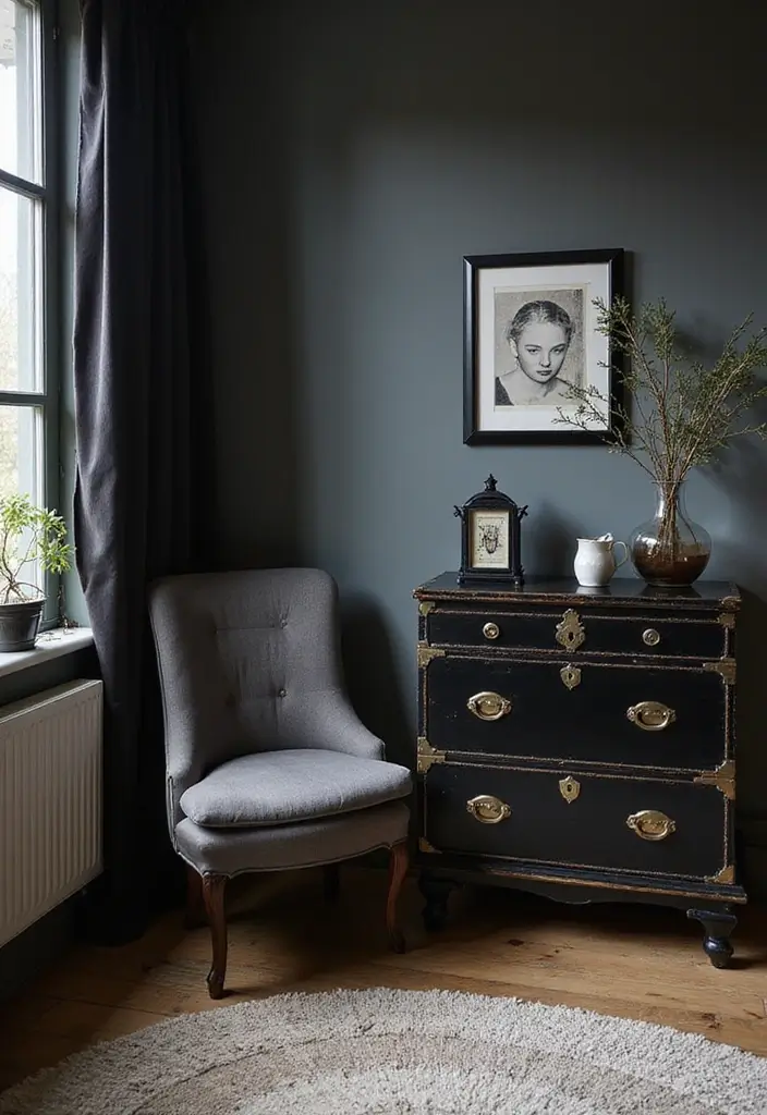 30 Black Aesthetic Bedroom Ideas That Are Sleek and Stylish - 18. Vintage Finds