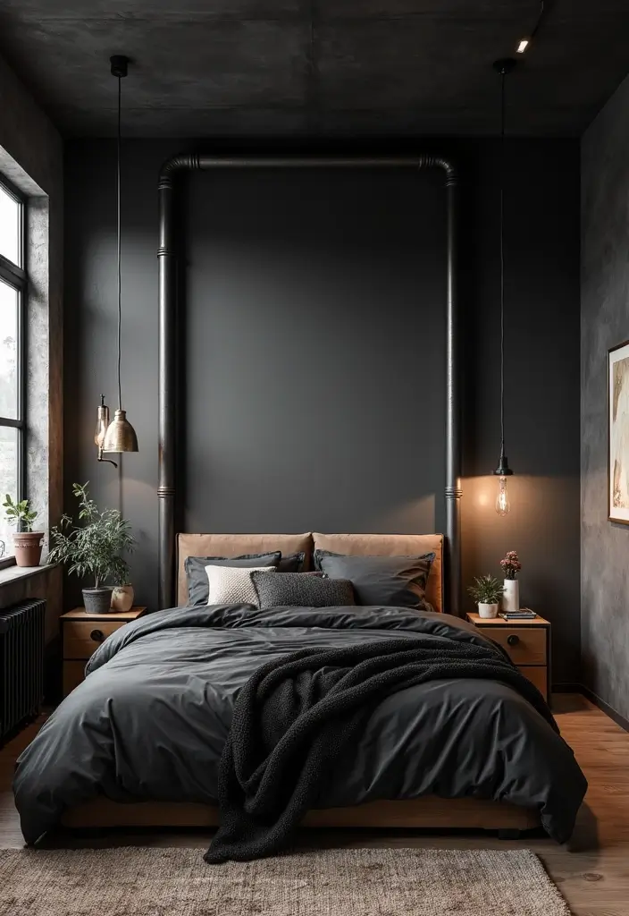 30 Black Aesthetic Bedroom Ideas That Are Sleek and Stylish - 24. Industrial Chic