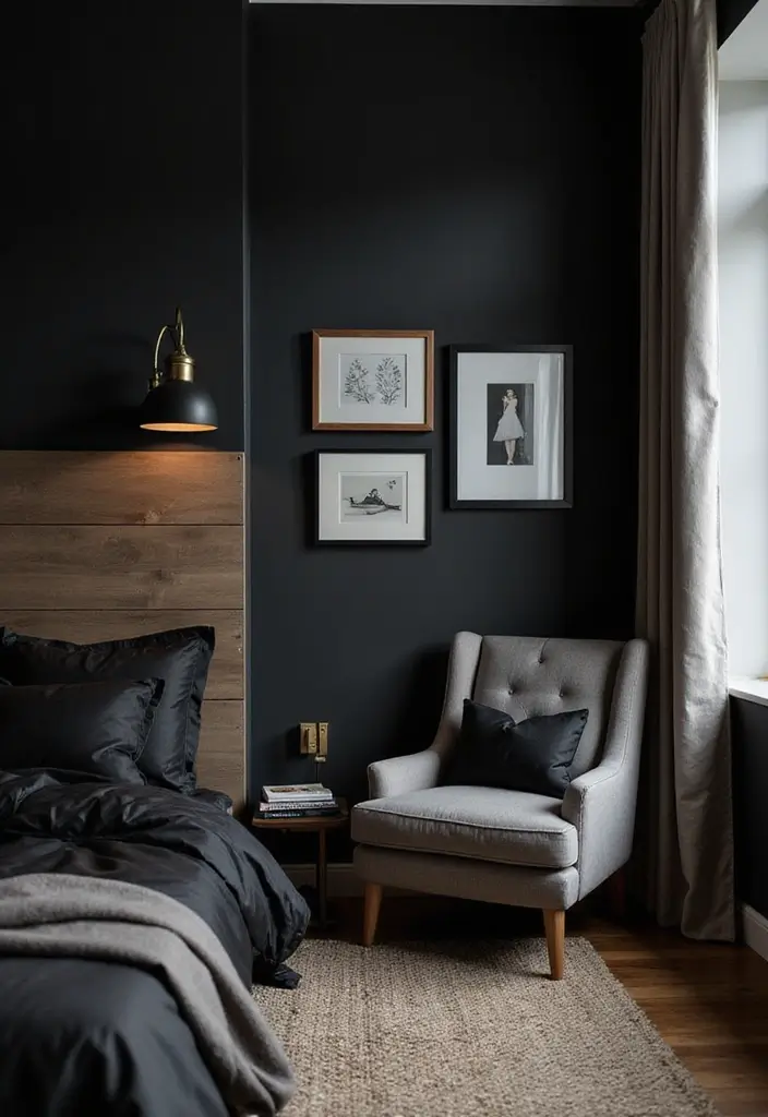 30 Black Aesthetic Bedroom Ideas That Are Sleek and Stylish - 25. Cozy Reading Nook