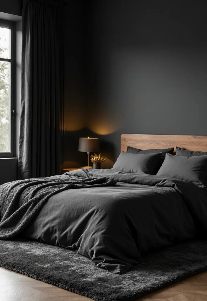 30 Black Aesthetic Bedroom Ideas That Are Sleek and Stylish - 29. Soft Area Rugs