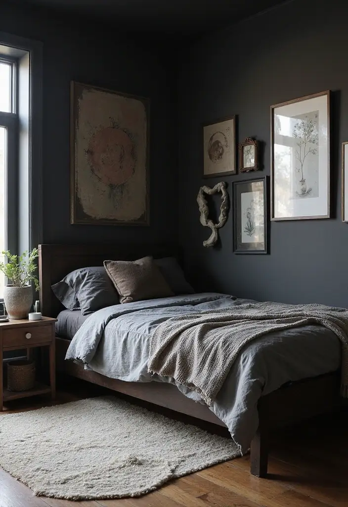 30 Black Aesthetic Bedroom Ideas That Are Sleek and Stylish - 8. Artistic Touches