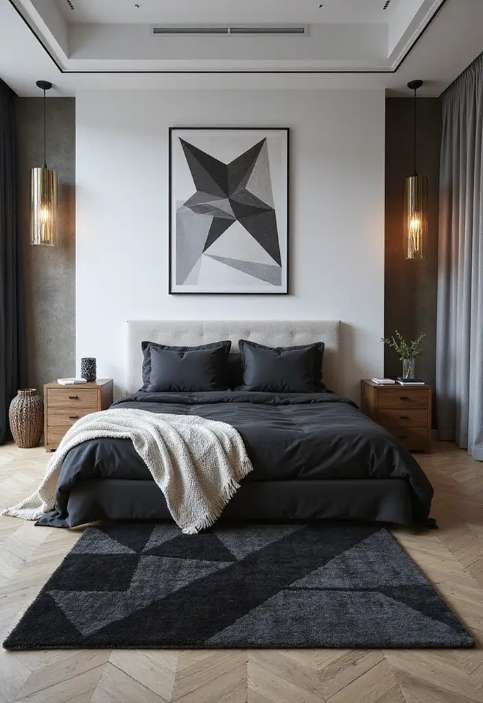 30 Black Aesthetic Bedroom Ideas That Are Sleek and Stylish - 9. Geometric Patterns