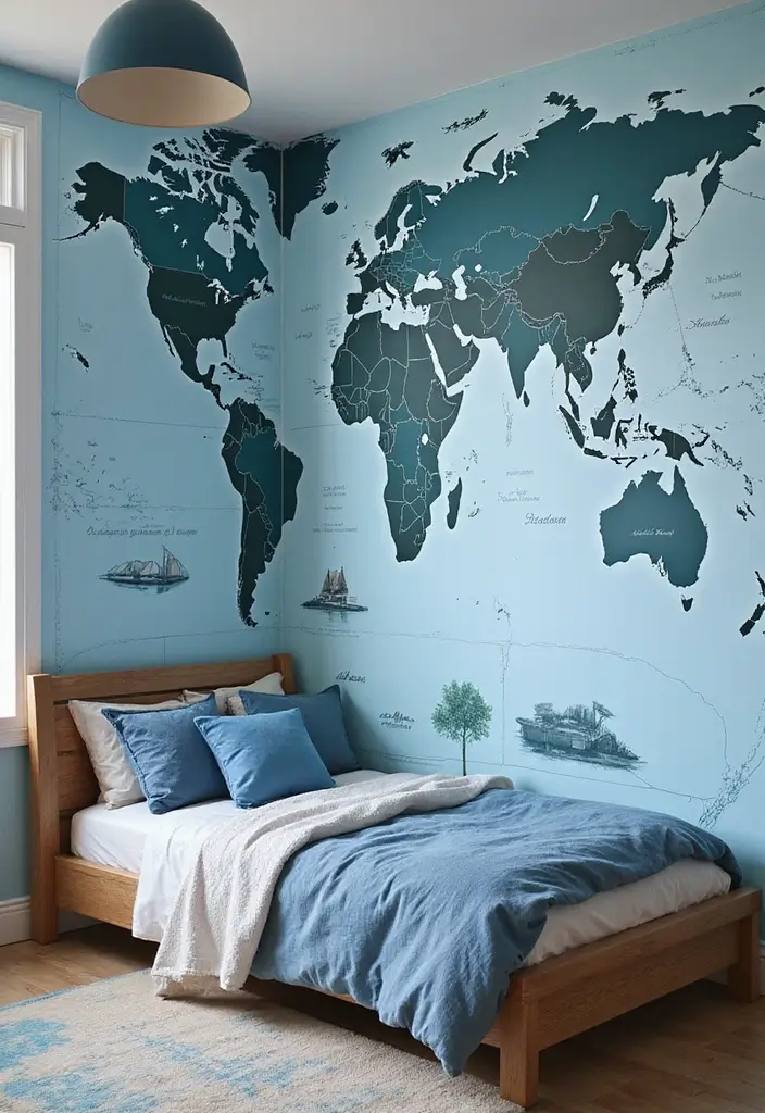 30 Blue Bedroom Ideas for Boys That Are Cool and Timeless - 15. Adventure Map Wallpaper