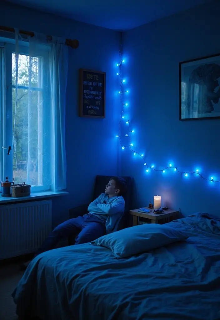 30 Blue Bedroom Ideas for Boys That Are Cool and Timeless - 21. Soft Lighting Fixtures