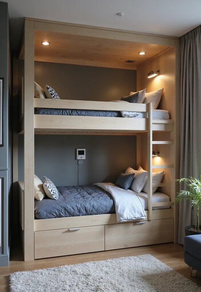30 Boys Bedroom Ideas with Bunk Beds That Save Space in Style - 14. Tech-Friendly Bunk Beds