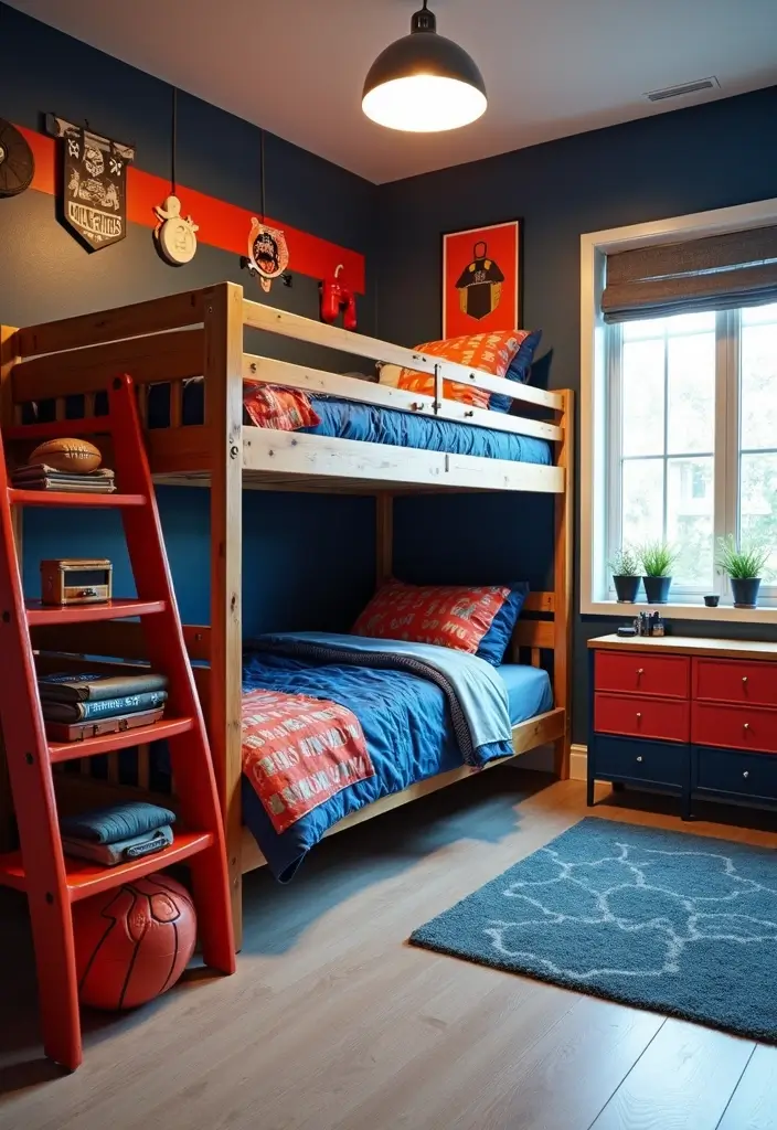 30 Boys Bedroom Ideas with Bunk Beds That Save Space in Style - 27. Sporty Bunk Beds