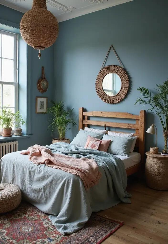30 Dusty Blue Bedroom Ideas That Feel Calm & Sophisticated - 12. Boho Dusty Blue Vibes