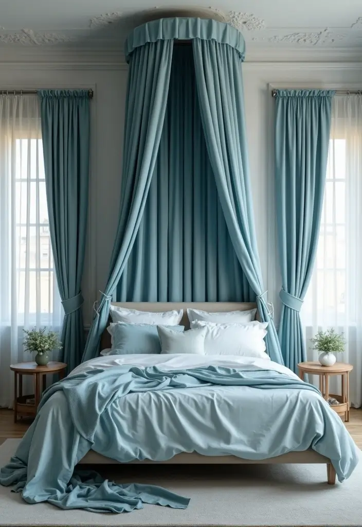 30 Dusty Blue Bedroom Ideas That Feel Calm & Sophisticated - 14. Dusty Blue Canopy Bed