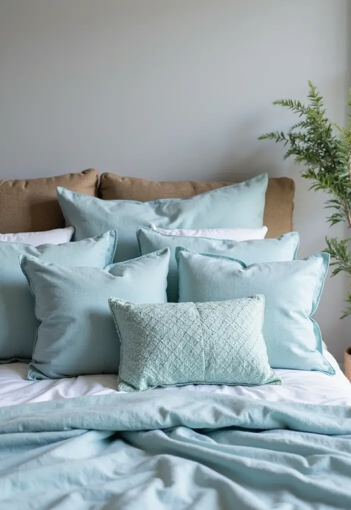 30 Dusty Blue Bedroom Ideas That Feel Calm & Sophisticated - 19. Dusty Blue Decorative Pillows