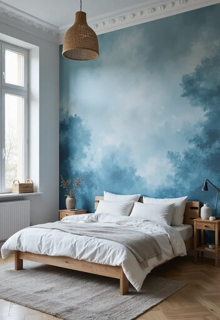30 Dusty Blue Bedroom Ideas That Feel Calm & Sophisticated - 25. Artistic Dusty Blue Wallpaper Murals
