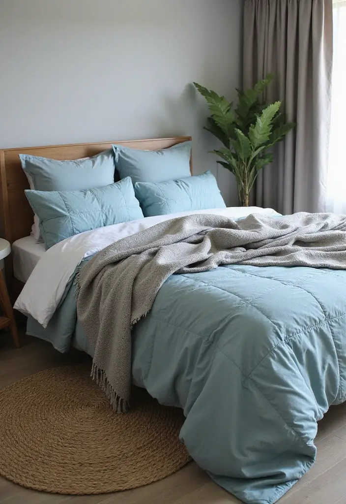 30 Dusty Blue Bedroom Ideas That Feel Calm & Sophisticated - 27. Dusty Blue Bedding with Quilted Textures