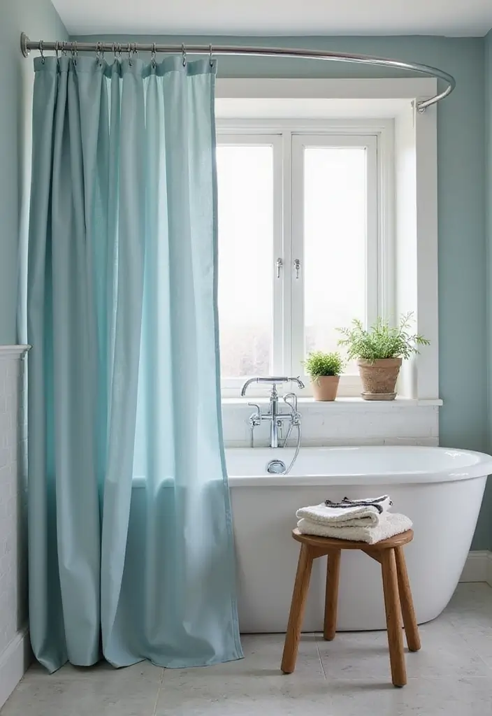 30 Dusty Blue Bedroom Ideas That Feel Calm & Sophisticated - 28. Dusty Blue Shower Curtain for an Ensuite